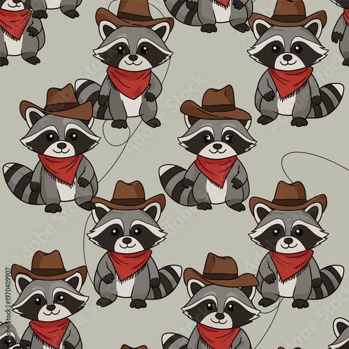 Cute Cowboy Raccoon Characters Wearing Hats and Bandanas.