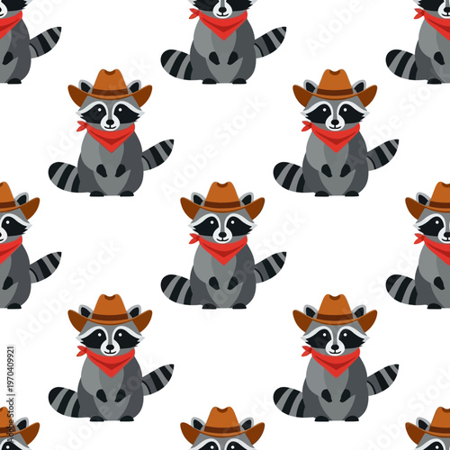 Cute Cowboy Raccoon Character Seamless Pattern.