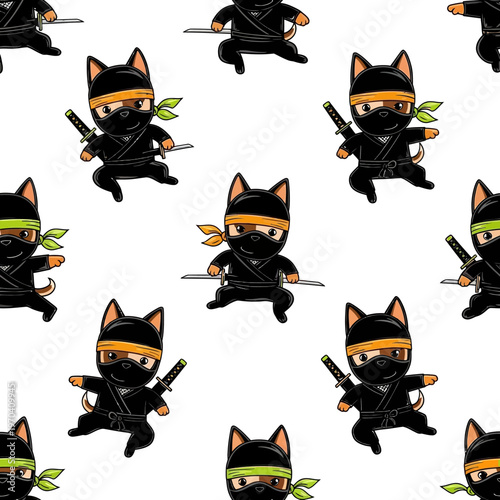 Cute Cartoon Ninja Cat Character Seamless Pattern.