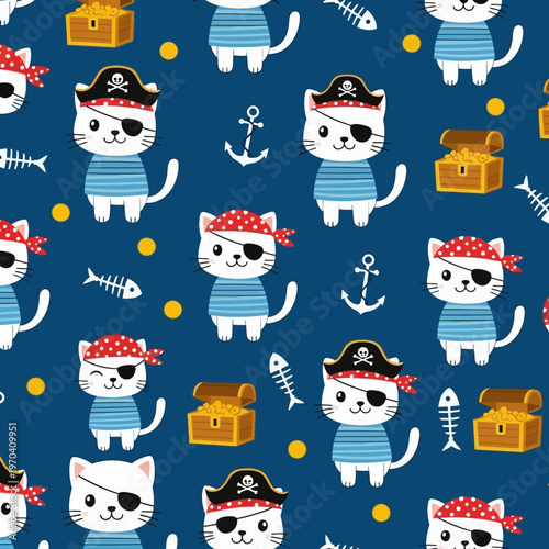 Cute Pirate Cats with Eye Patches and Bandanas Seamless Pattern.