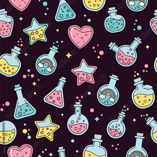 Magical Potion Bottles and Stars Seamless Pattern.