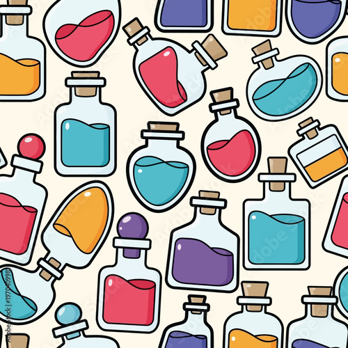 Collection of Colorful Potion Bottles with Various Liquids.