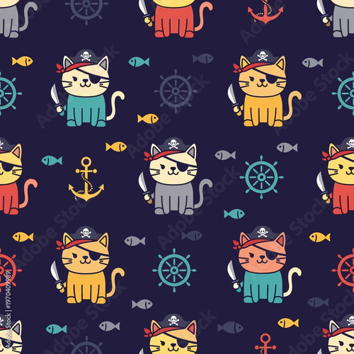 Cute Pirate Cats Pattern Seamless Illustration.