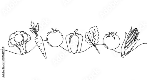 A minimalist line art illustration of various vegetables and fruits growing in the ground