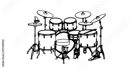 A minimalist vector illustration of a drum set in a simple black and white design