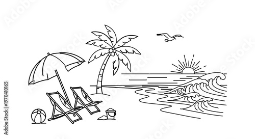 A serene beach scene featuring a palm tree, lounge chairs, and a sunset