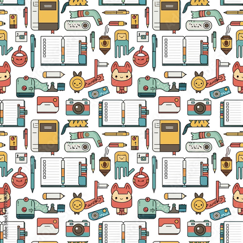 Cute Kawaii Stationery and School Supplies Pattern.