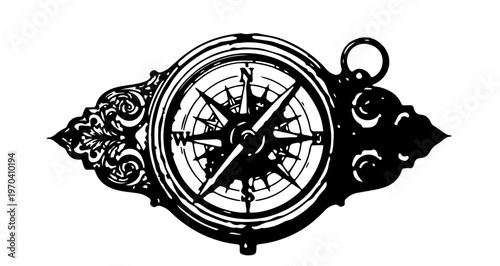 A black and white vector graphic of a vintage compass with ornate details