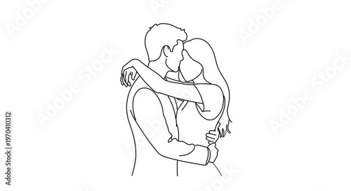 A minimalist line art illustration of a romantic couple embracing