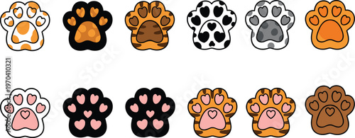 Vector illustration of decorative paw print icons with animal patterns and heart designs in colorful cartoon style