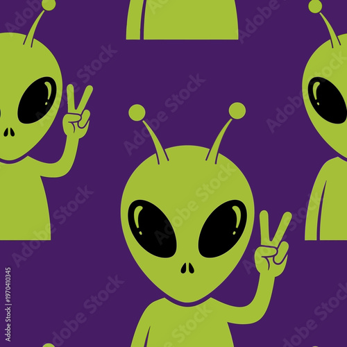 Cute Green Alien Character Making Peace Sign.
