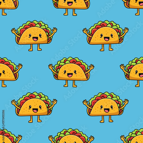 Cute Cartoon Taco Character Seamless Pattern.