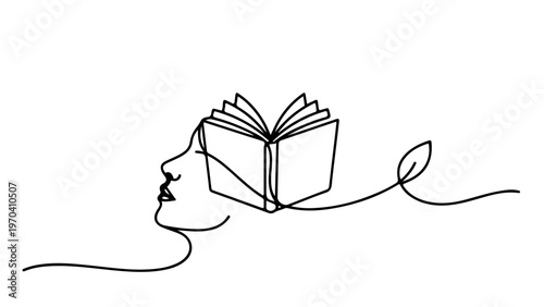 A minimalist line art illustration of a woman's face with an open book replacing her brain, symbolizing knowledge and learning.