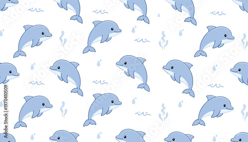 Vector illustration of playful cartoon dolphins swimming with water droplets, waves, and seaweed in repeating ocean pattern