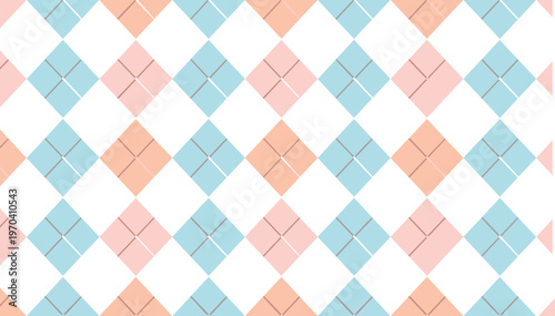 Vector illustration of repeating geometric diamond pattern with intersecting lines in pastel blue, pink, and orange design