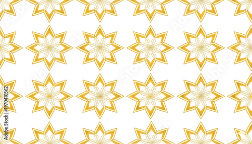 Vector illustration of repeating geometric eight‑pointed star pattern with golden outlines in symmetrical decorative design