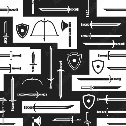 Collection of Medieval Weapons and Shields Seamless Pattern.
