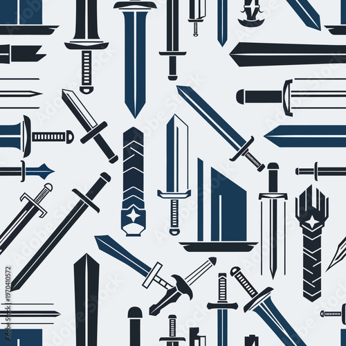 Collection of Various Swords and Blades Seamless Pattern.