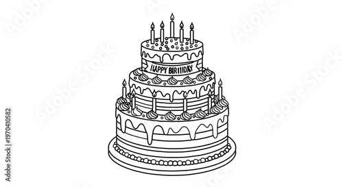 A detailed line art illustration of a multi-tiered birthday cake with candles