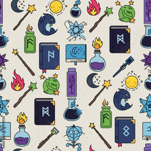 Magical Objects and Symbols Seamless Pattern.