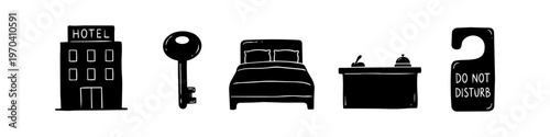Set of hand-drawn hotel icons featuring a building, antique key, double bed, reception desk with bell, and door hanger. Minimalist black silhouettes for travel and hospitality design.