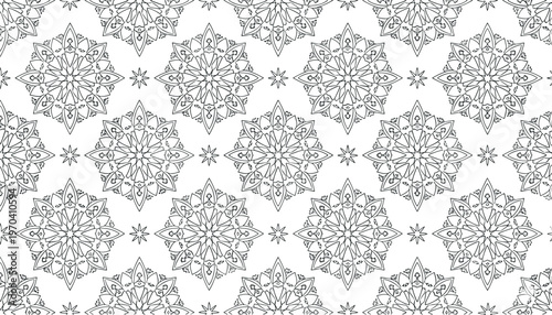 Vector illustration of repeating mandala pattern with intricate black and white circular motifs and symmetrical decorative design
