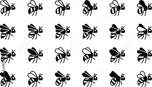 Vector illustration of stylized bee icons with striped bodies and wings in repeating black and white graphic pattern