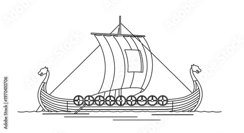 A minimalist line art illustration of a Viking ship sailing on calm waters