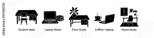 Hand-drawn black silhouette icon set of study and workspace scenes, including desks, laptops, books, plants, and coffee, perfect for educational and work-from-home themes.