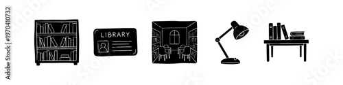 Hand-drawn black and white library icon set. Minimalist doodles of a bookshelf, library card, study room interior, desk lamp, and books on a table. Ideal for education and literacy themes.