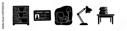 Hand-drawn library and reading icon set featuring a bookshelf, library card, armchair with floor lamp, desk lamp, and table with books. Minimalist black and white style for education and literature.