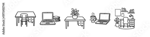 Collection of hand-drawn office and workspace icons featuring desks, laptops, books, and plants. Minimalist black and white doodle illustrations for home office, study, and productivity concepts.