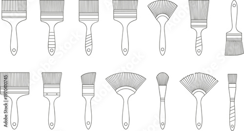 Vector illustration of twelve different paintbrushes with varied bristle styles and handles arranged in artistic comparison