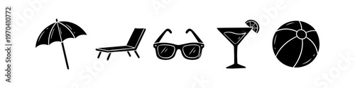 Set of minimalist black hand-drawn beach icons: umbrella, deck chair, sunglasses, cocktail, and beach ball. Clean vector silhouettes for summer vacation and travel design themes.
