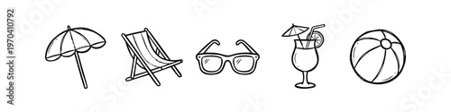 Hand-drawn summer beach icons: umbrella, deck chair, sunglasses, cocktail, and beach ball. Minimalist black and white line art doodle set for vacation, travel, and holiday graphic designs.