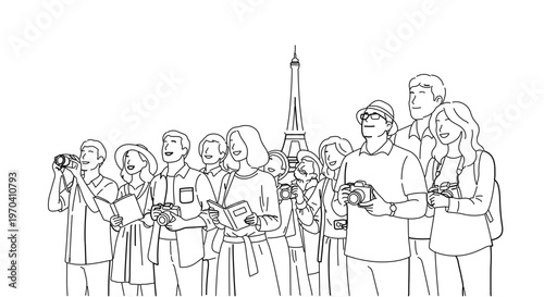 A minimalist line art illustration of a diverse group of tourists in front of the Eiffel Tower
