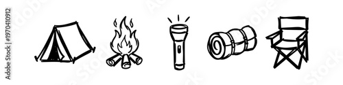 Hand-drawn vector icons of camping equipment including a tent, campfire, flashlight, sleeping bag, and folding chair. Minimalist black and white doodle style for outdoor adventure concepts.