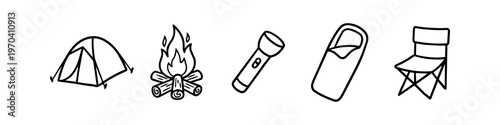 Hand-drawn camping icon set featuring a tent, campfire, flashlight, sleeping bag, and chair. Minimalist black line art on white background for outdoor adventure and hiking designs.
