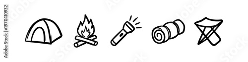 Hand-drawn camping icons set featuring a tent, campfire, flashlight, sleeping bag, and folding stool. Minimalist black and white doodle illustrations for outdoor adventure and travel designs.