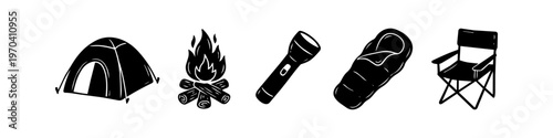 Set of minimalist black camping icons including a tent, campfire, flashlight, sleeping bag, and folding chair, isolated on a white background for outdoor adventure and travel design.