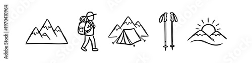 Set of hand-drawn hiking and camping icons featuring mountains, a backpacker, a tent, trekking poles, and a sun rising over peaks. Minimalist black line art for outdoor adventure themes.