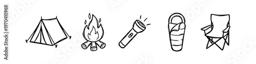 Set of hand-drawn camping icons featuring a tent, campfire, flashlight, sleeping bag, and chair. Minimalist black and white doodle illustrations for outdoor adventure and travel designs.