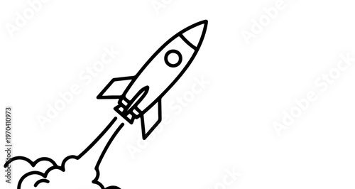 A minimalist vector graphic of a rocket ship blasting off into space