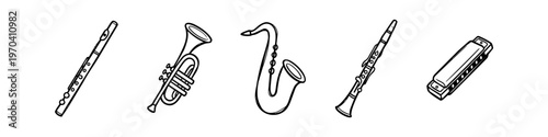 Hand-drawn vector illustration set of wind musical instruments: flute, trumpet, saxophone, clarinet, and harmonica. Minimalist doodle icons isolated on white background for music design.