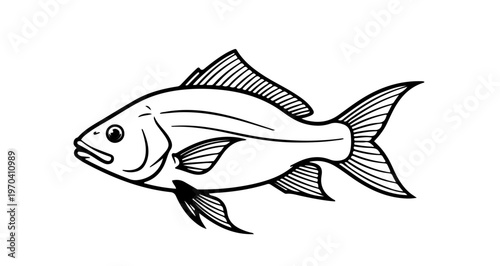 A minimalist black and white vector illustration of a fish swimming to the left on a transparent background