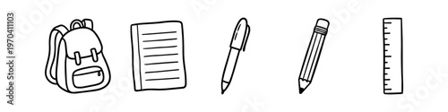 Hand-drawn school supplies icons including backpack, notebook, pen, pencil, and ruler. Minimalist black and white doodle set for educational and back to school designs.