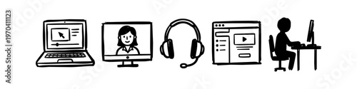 Hand-drawn icons set representing online education, e-learning, and remote work, including laptop, computer, headset, and person working at a desk. Black and white doodle style.