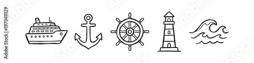 Hand-drawn nautical icon set including a cruise ship, anchor, helm, lighthouse, and waves. Minimalist black line art vector illustrations on a white background for travel and maritime designs.