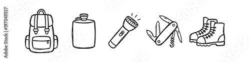 Set of hand-drawn camping and hiking gear icons including backpack, canteen, flashlight, multi-tool, and hiking boots. Black and white doodle style for outdoor adventure and travel themes.