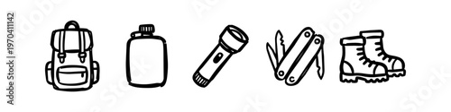 Hand-drawn black and white doodle icons of camping and hiking equipment including a backpack, water canteen, flashlight, multi-tool, and hiking boots.